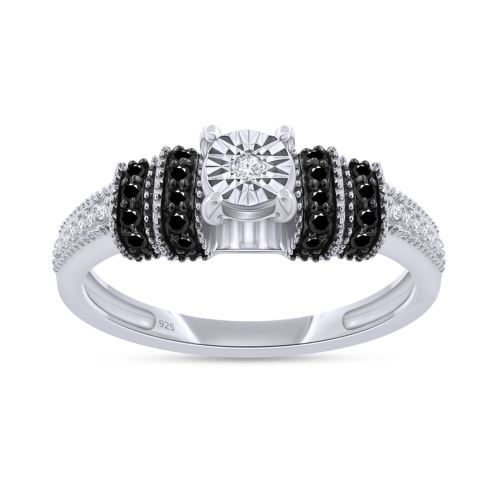 1/8 Ct Black & White Natural Diamond Promise Ring Sterling Silver 925