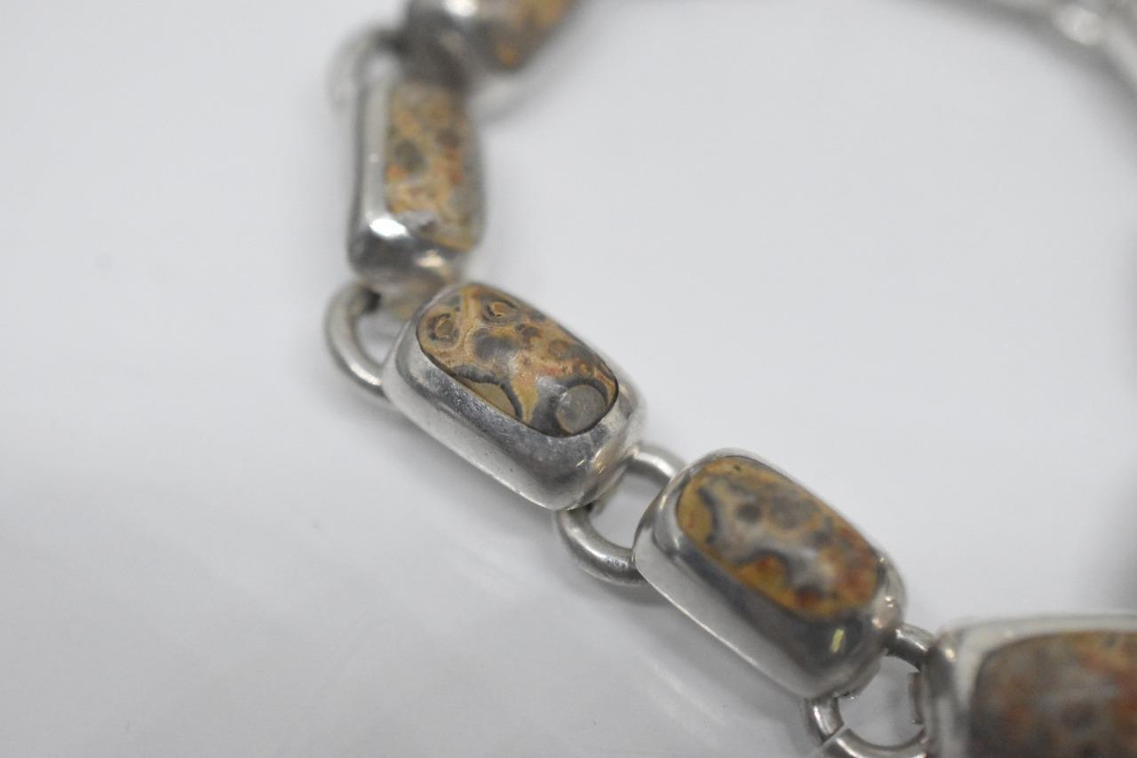 Women’s Mexico Inlaid Jasper Stone Rectangle 9.2MM Link Sterling Silver Bracelet