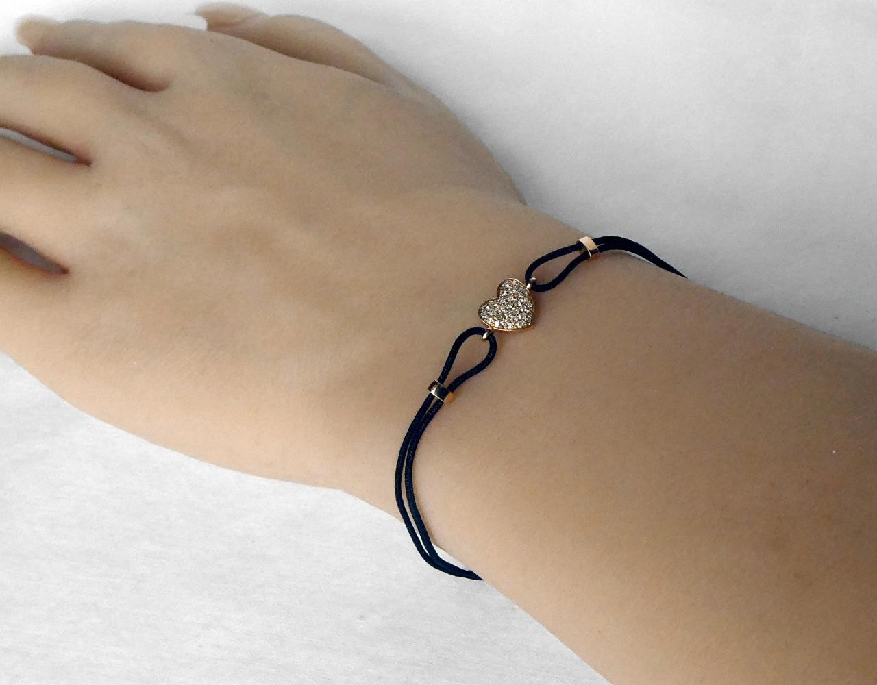 EFFY 14k Gold Diamond Heart Black Cord String Minimalist Bracelet Adjustable