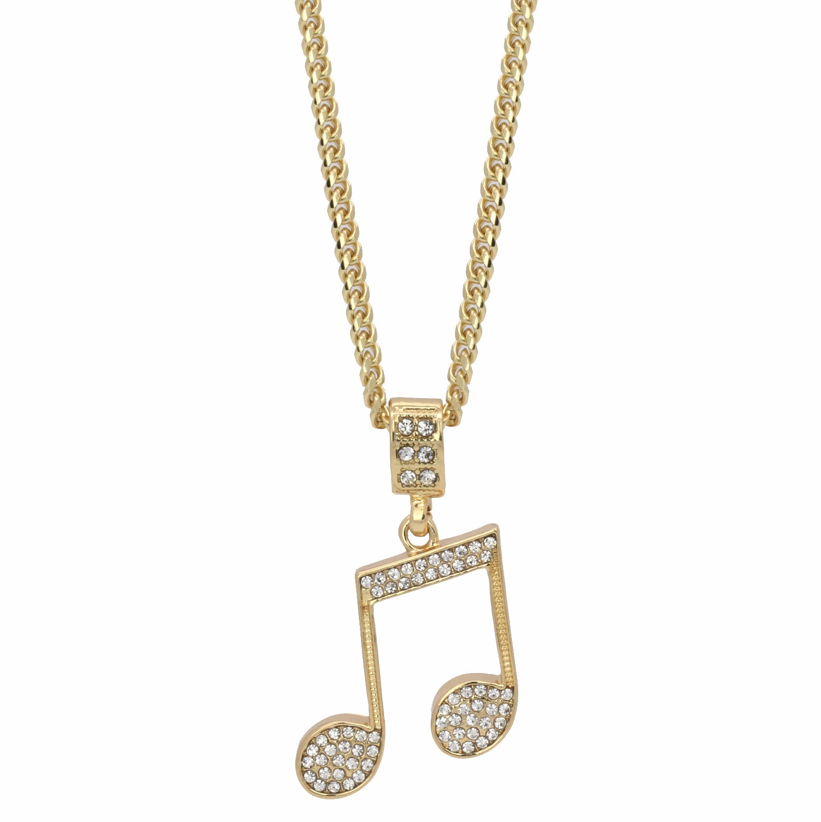 14k Gold Plated Music Note Pendant Iced Cubic Zirconia 24″ Cuban Necklace Chain