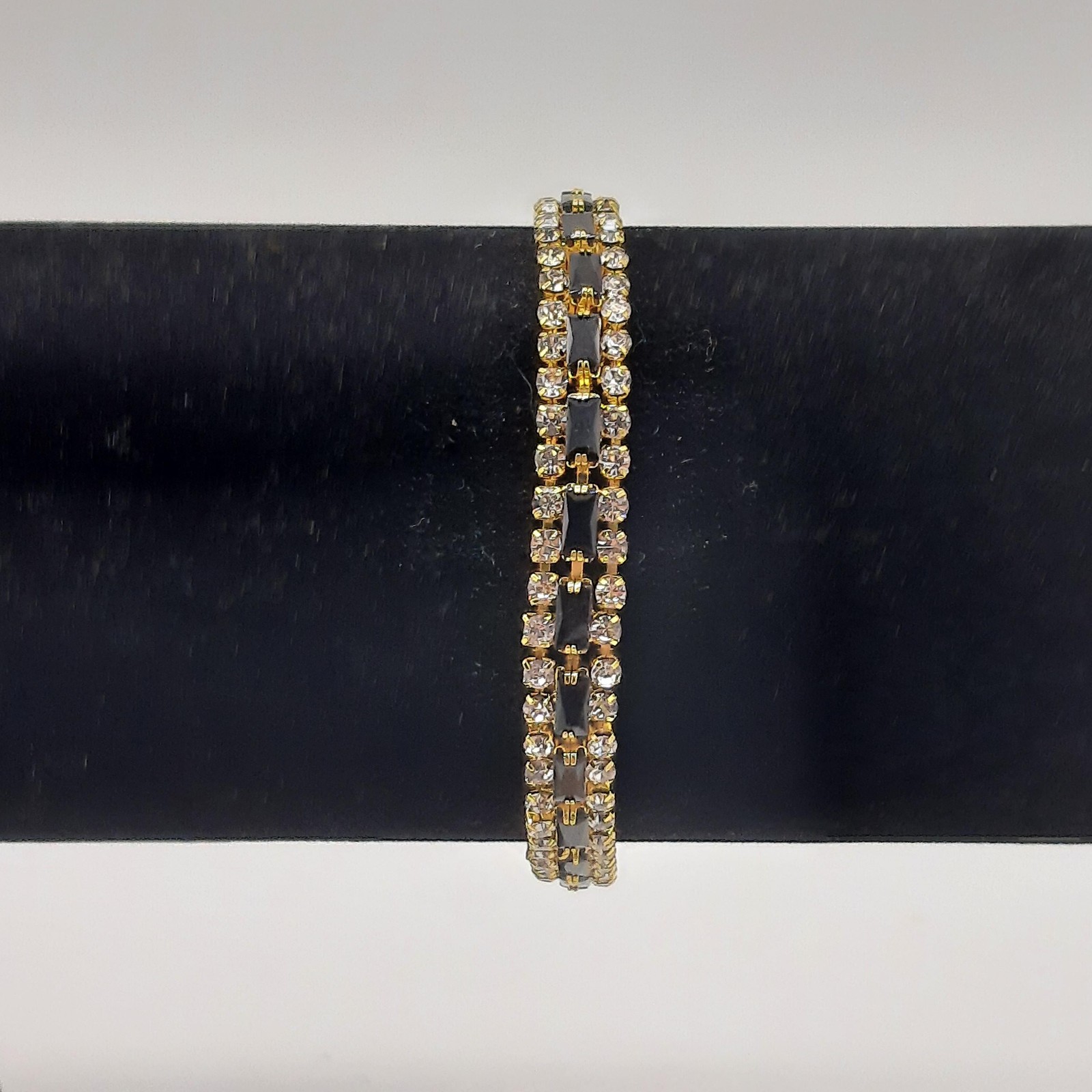 Gold Tone Clear Black Rhinestone Double Row Tennis Bracelet Womens 7in Box Clasp