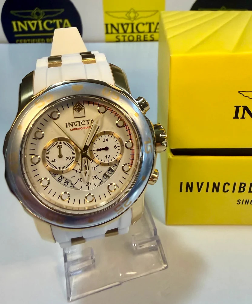 Invicta 20291 Pro Diver Scuba Chronograph Gold Tone Steel White Silicone 48mm