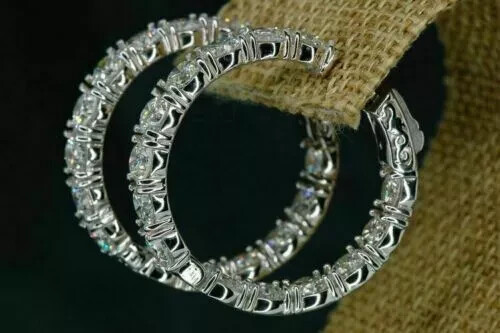 3.00 CT Round Cut Moissanite Inside Outside Hoop Earrings 14k White Gold Plated