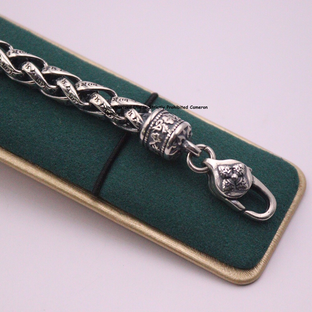 Pure S925 Sterling Silver Chain 6mm Six Words Wheat Link Bracelet 34-35g 7.9inch
