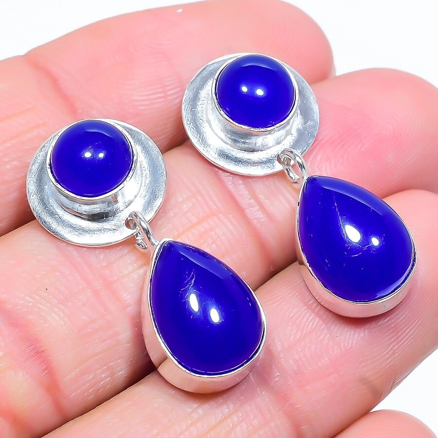 Blue Onyx Gemstone Handmade 925 Sterling Silver Jewelry Stud Earring Sz 1.40″