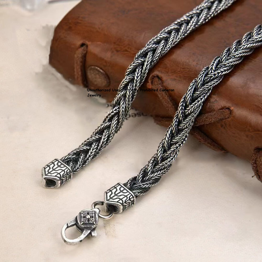 Pure S925 Sterling Silver Chain 6mm Braided Foxtial Link Necklace34-35g 23.6inch