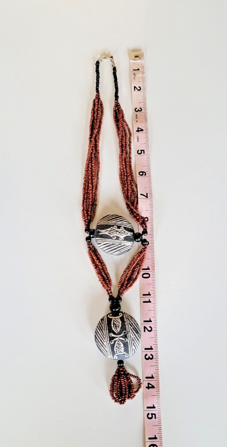Vintage African Terracotta Pendant Necklace Beaded Handmade Brown Black & White