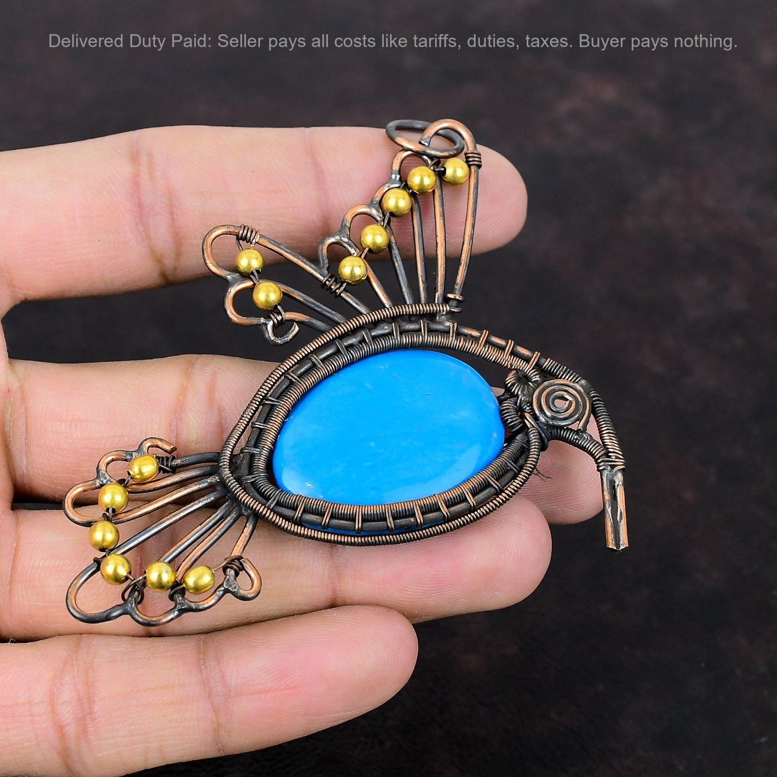 Copper Natural Sleeping Beauty Turquoise Boho Wire Wrapped Bird Pendant Jewelry