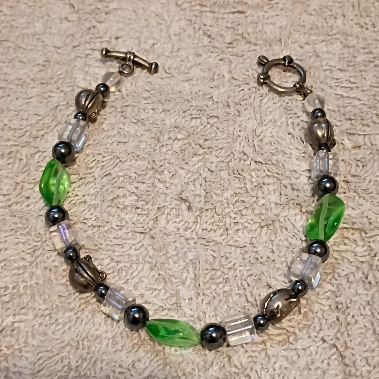 Beaded Bracelet Green Clear Black Gray Glass Oval Beads Toggle Clasp