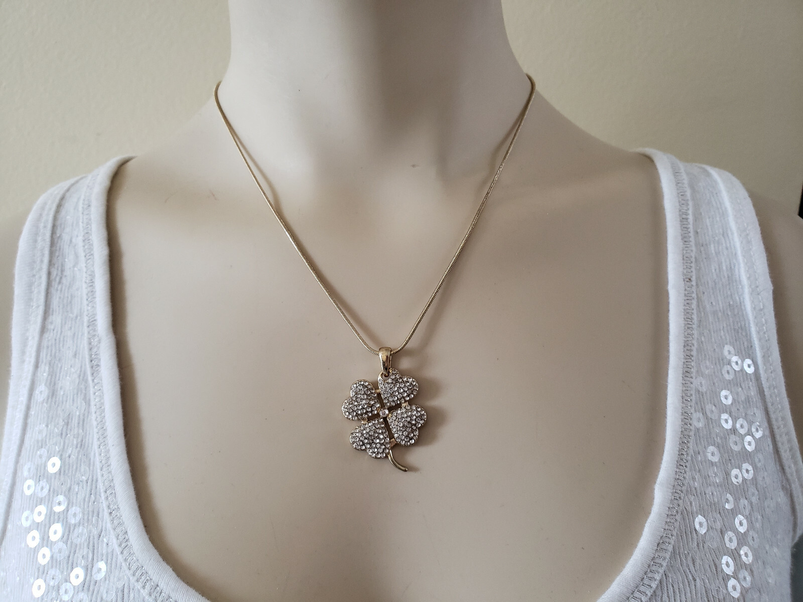 Four Leaf Clover Shamrock St Patricks Necklace Crystals Gold Tone Gift Box