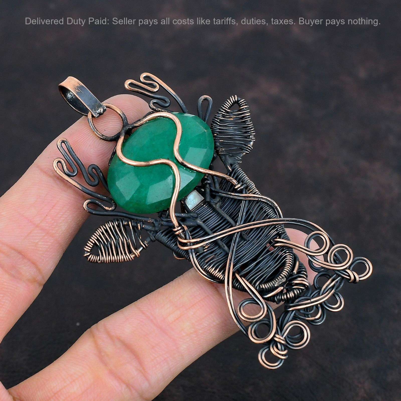 Zambian Emrald Gemstone Rainbow Moonstone Copper Wire Wrapped Deer Face Pendant