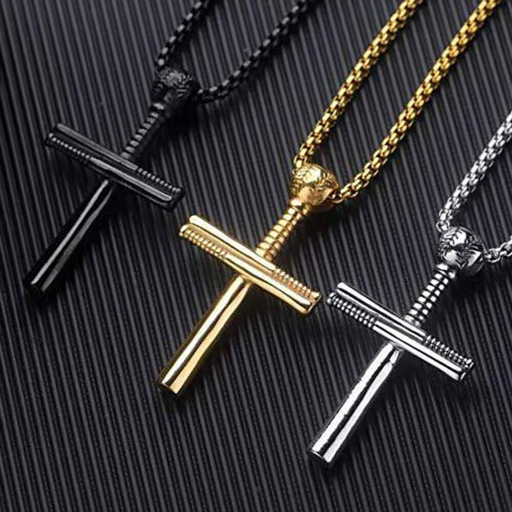 Baseball Bat Sports Cross Pendant Necklace Stainless Steel Black Silver Gold 24″