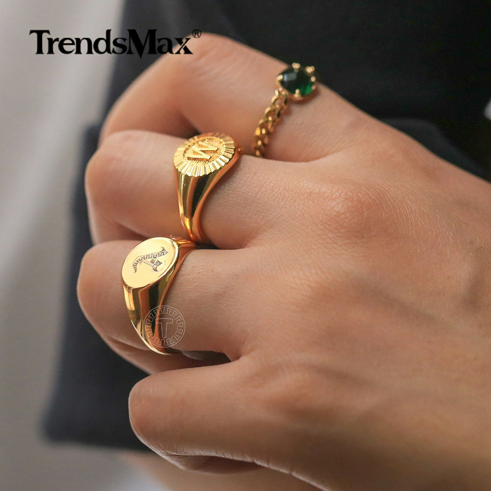 Gold Plated Monogram Letter A-Z Signet Ring Initial Alphabet Knuckle US Size 7