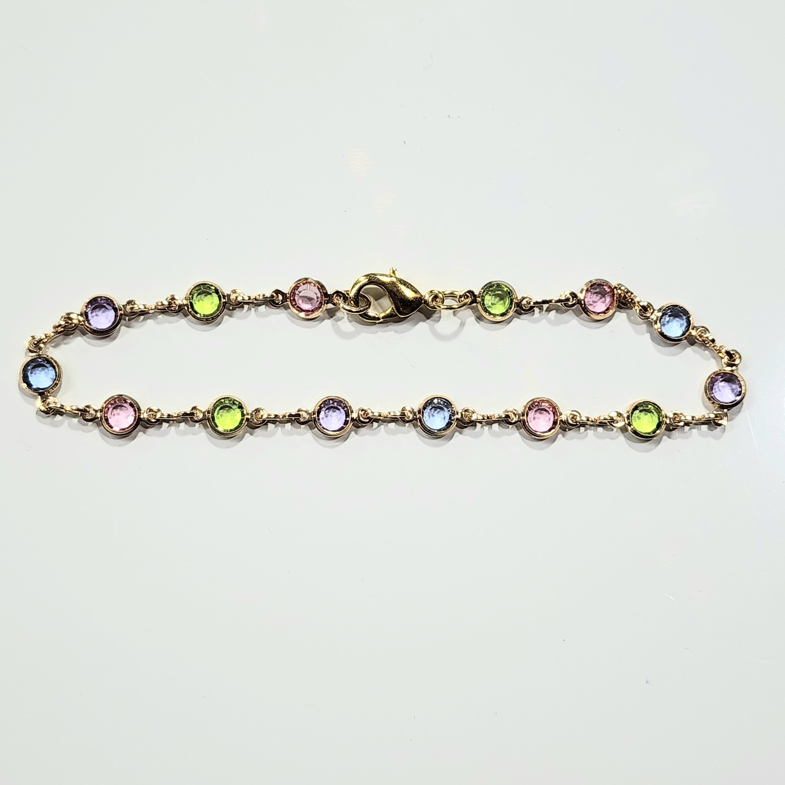 18k Gold Filled Bracelet Round Light Multi Color Stones 7.5 inch Long
