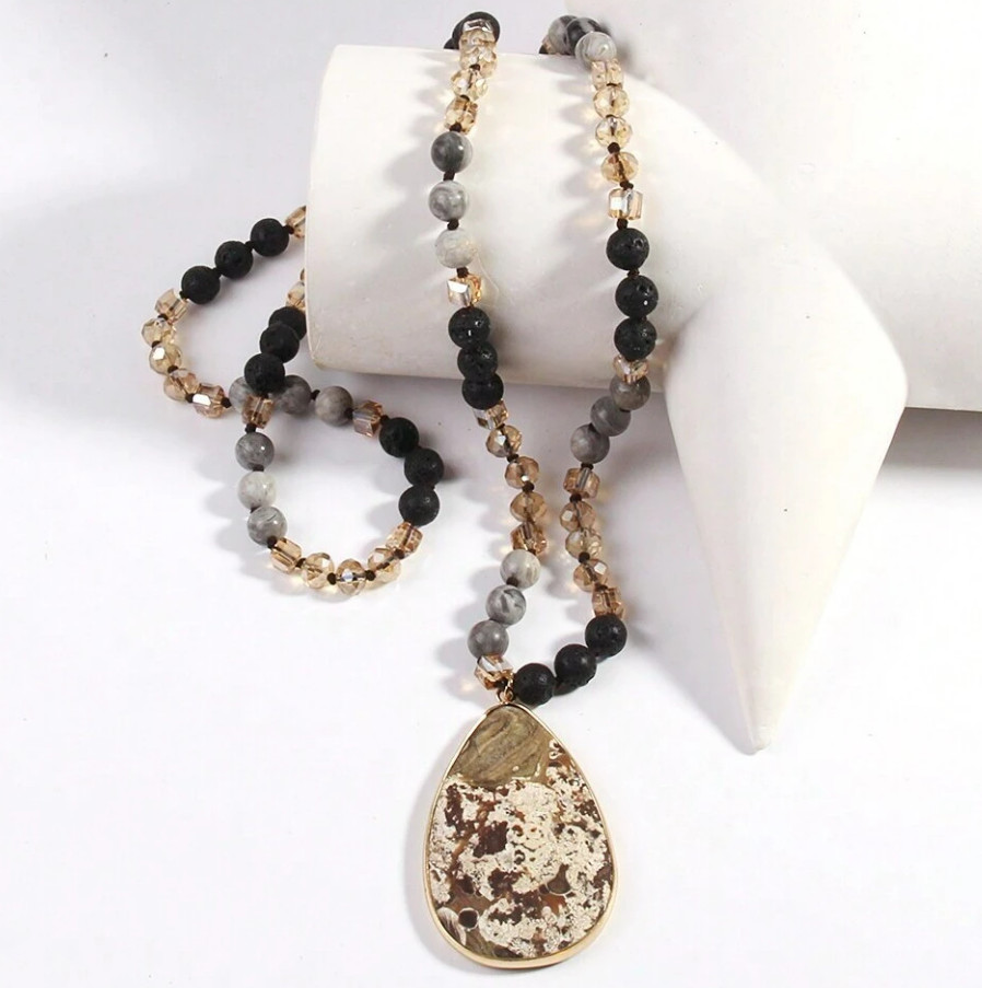 Jasper, Lava Rock & Crystal Beaded Necklace with Pendant 19.5″ *NEW*