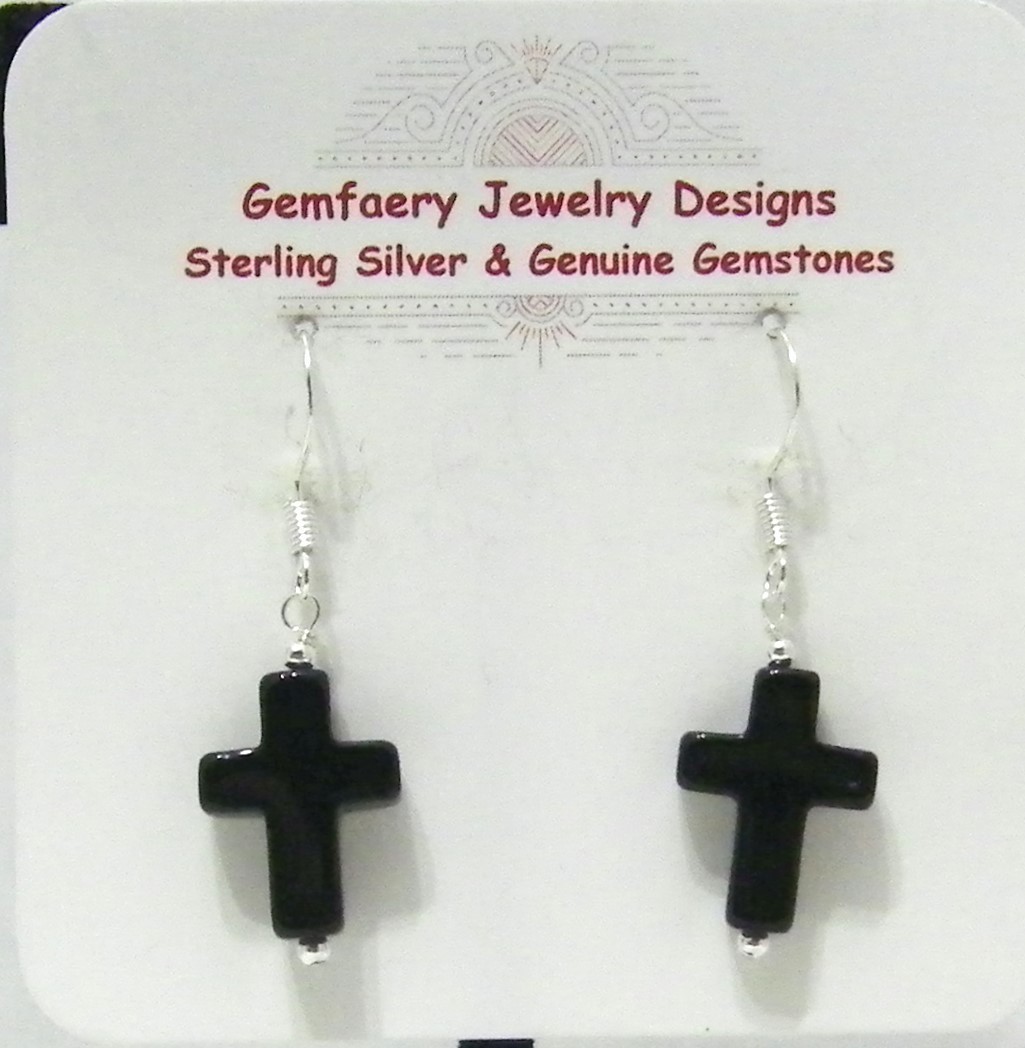 Sterling Silver Carved ONYX Gemstone Cross Dangle Earrings…Handmade USA
