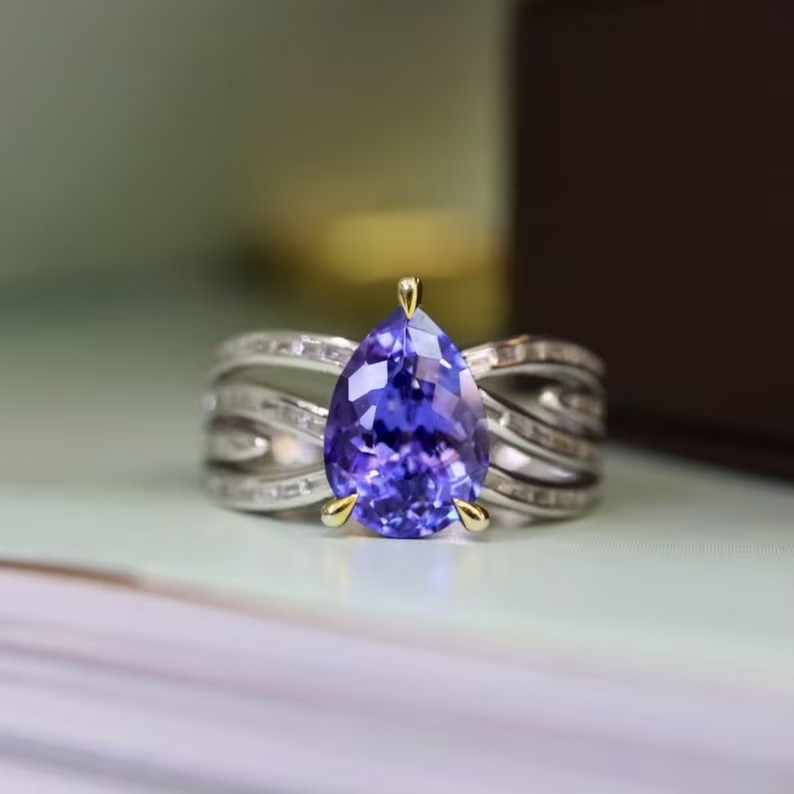 4.70Ct Pear Cut Natural Tanzanite & Diamond Real 950 Platinum Luxurious Ring