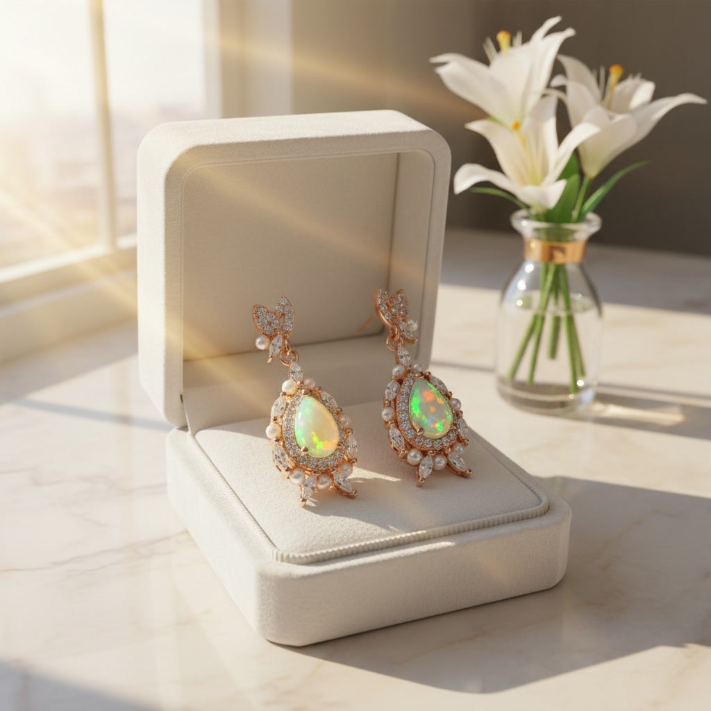 Fire Opal Elegant Drop Dangle Earrings 4x5mm 925 Sterling With Platinum Plating
