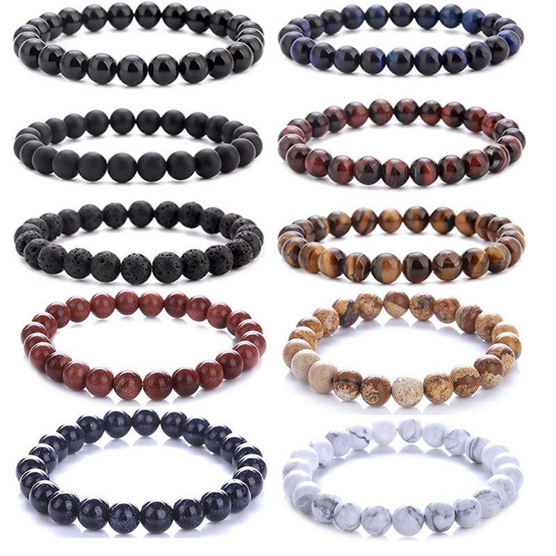 New Men Women 8mm Lava Rock Chakra Beads Elastic Natural Stone Agate Bracelets