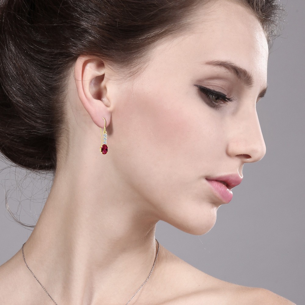 10K Yellow Gold Created Ruby and White Topaz Drop Dangle Earrings For Women |