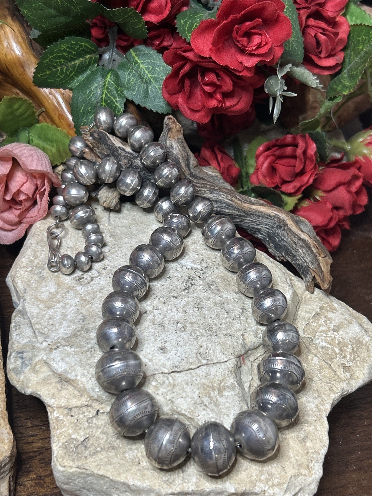 56. Vintage Sterling 925 Graduated Stamped Navajo Pearl Beaded Necklace 18″, 58g