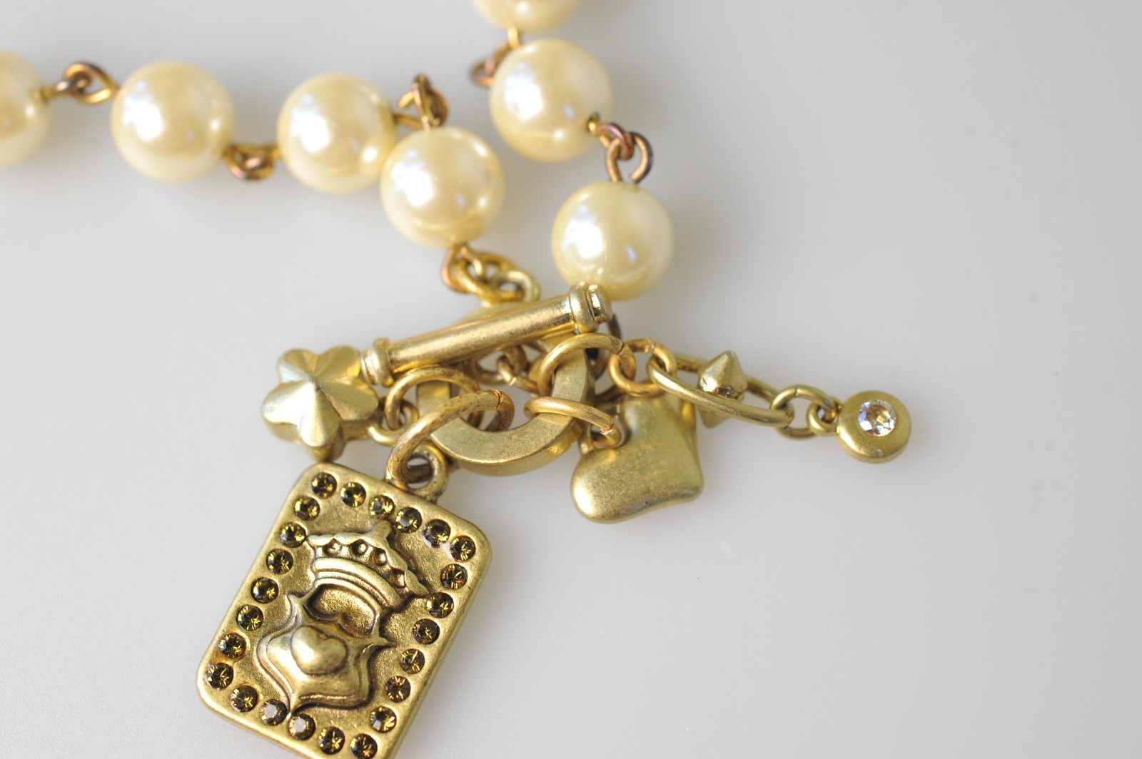 CAbi Necklace Gold Tone Rhinestone Faux Pearl charms dangle statement A