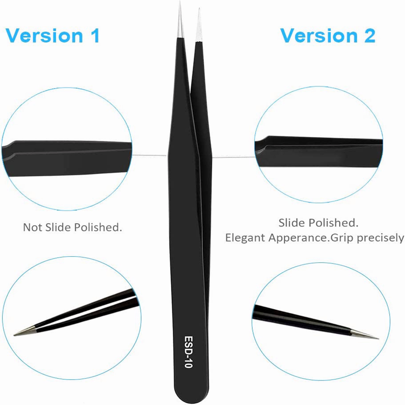 10 x ESD Precision Anti static Tweezers Set Stainless Steel Tool for Electronics
