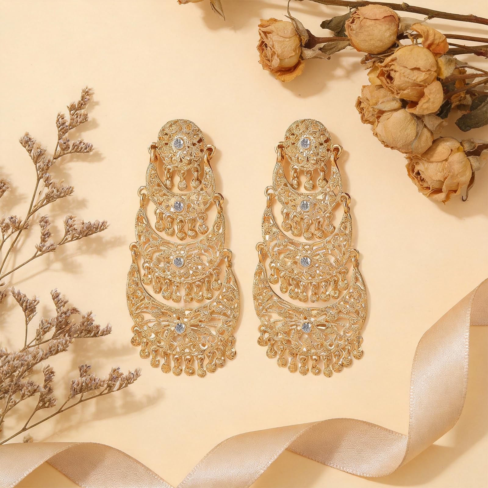 Bohemian Gold Long Tassel Dangle Drop Earrings, Beaded Chandelier Earrings fo…