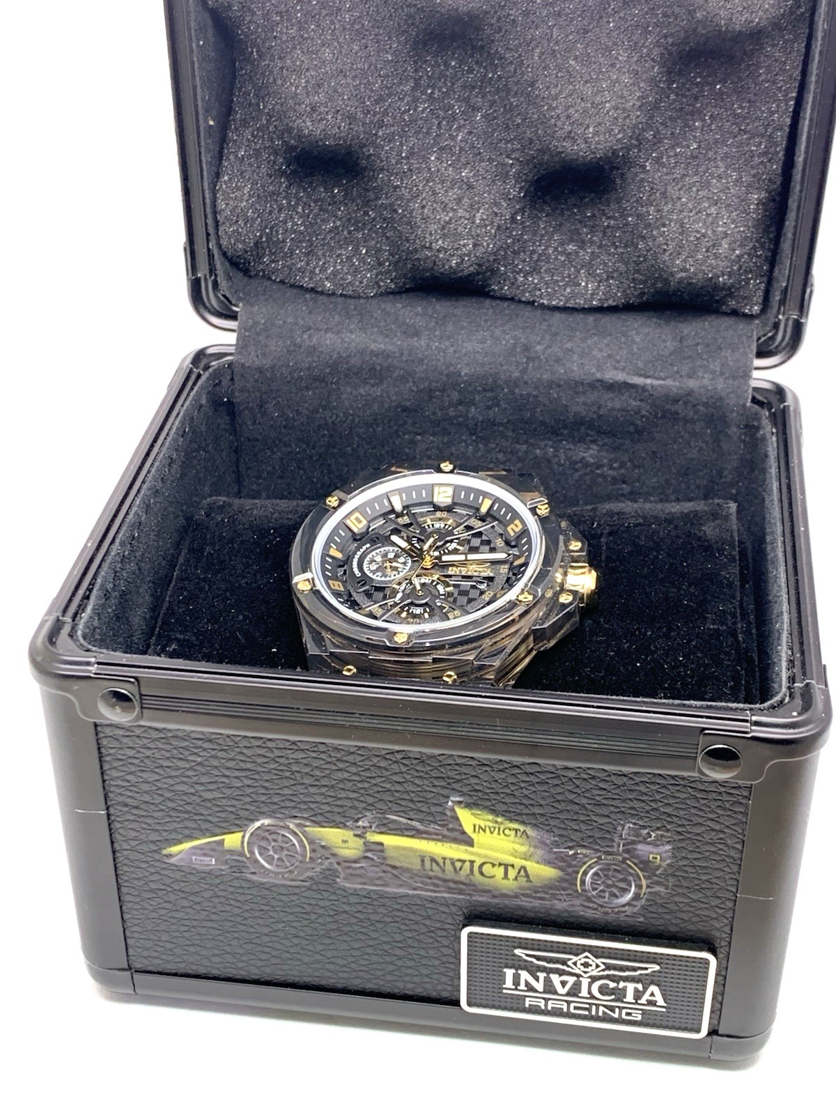 Invicta Men’s Watch 48807 Racing Saphirex Quartz Gold Black Rubber Strap 46mm