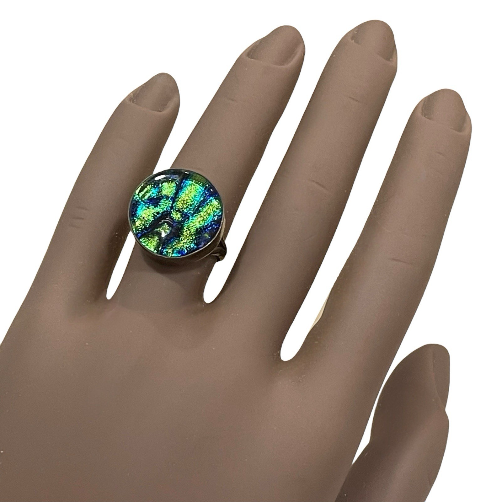 Dichroic Art Glass Ring Sterling Silver 925 Vtg Green Blue Ladies Sz 7.5 Sparkle