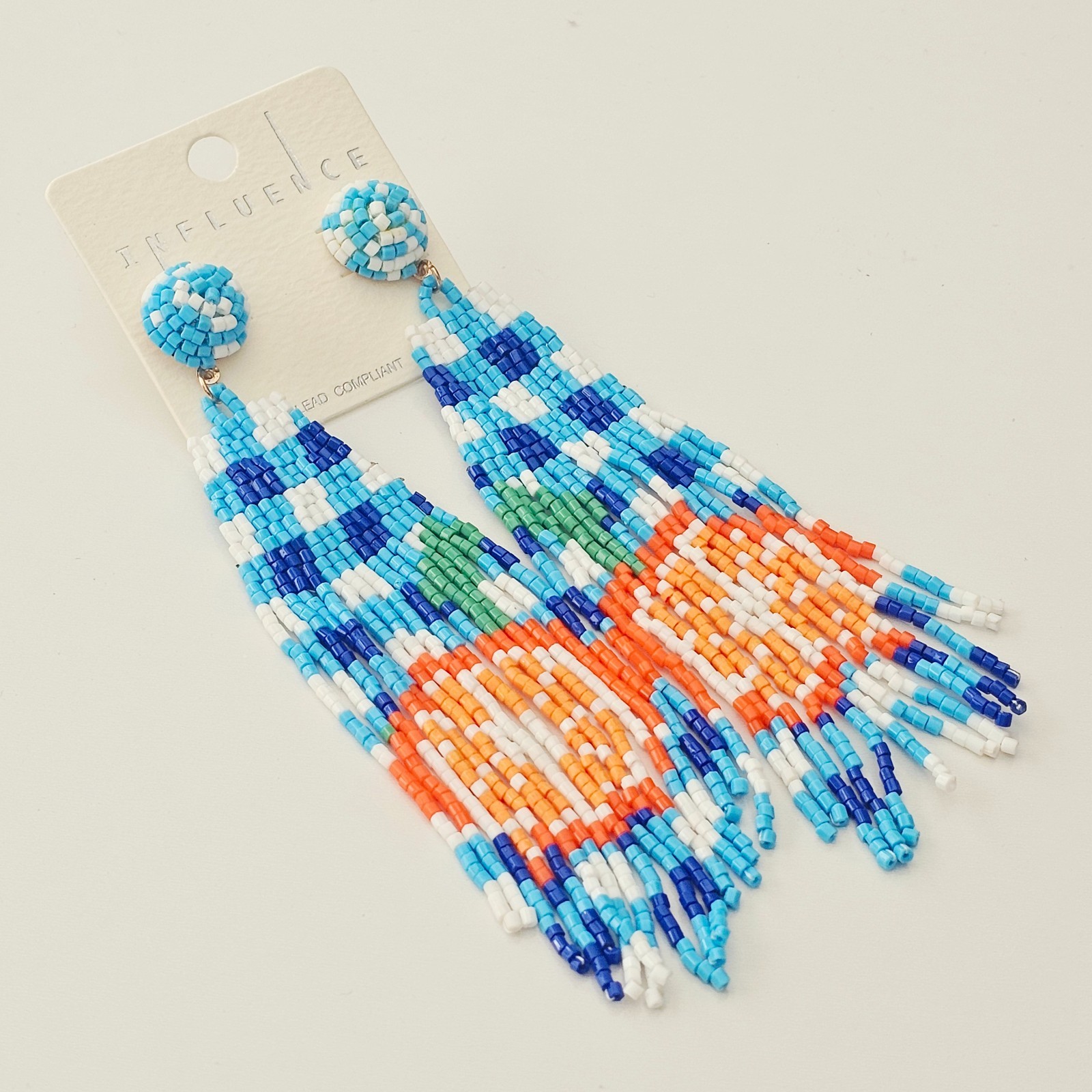Boho Chic Blue Orange Fruit Dangle Drop Fringe Bead Earrings Beaded 5.5″ NEW