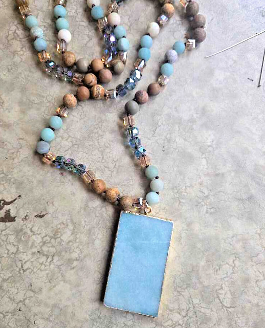 Amazonite & Jasper Beaded Natural Stone Necklace – Amazonite Pendant 18″ *NEW*
