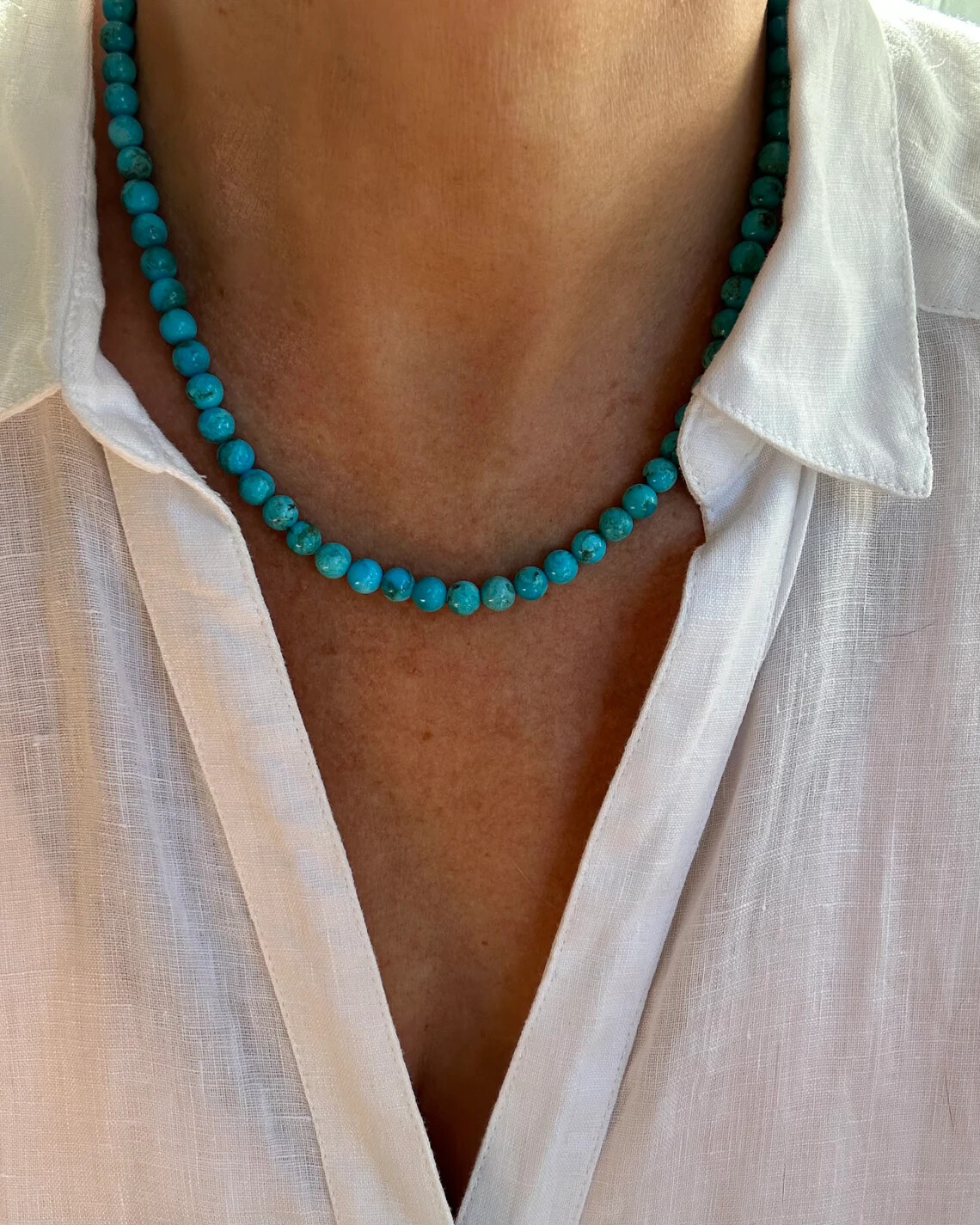 Soft Sky Blue Kingman Arizona Turquoise Necklace, 6mm Round Gemstone Choker