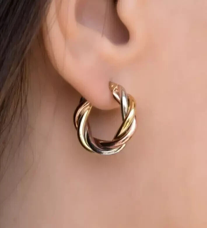 Estate Vintage 14K Yellow Rose White Gold Plated TRI Color Hoop Earrings