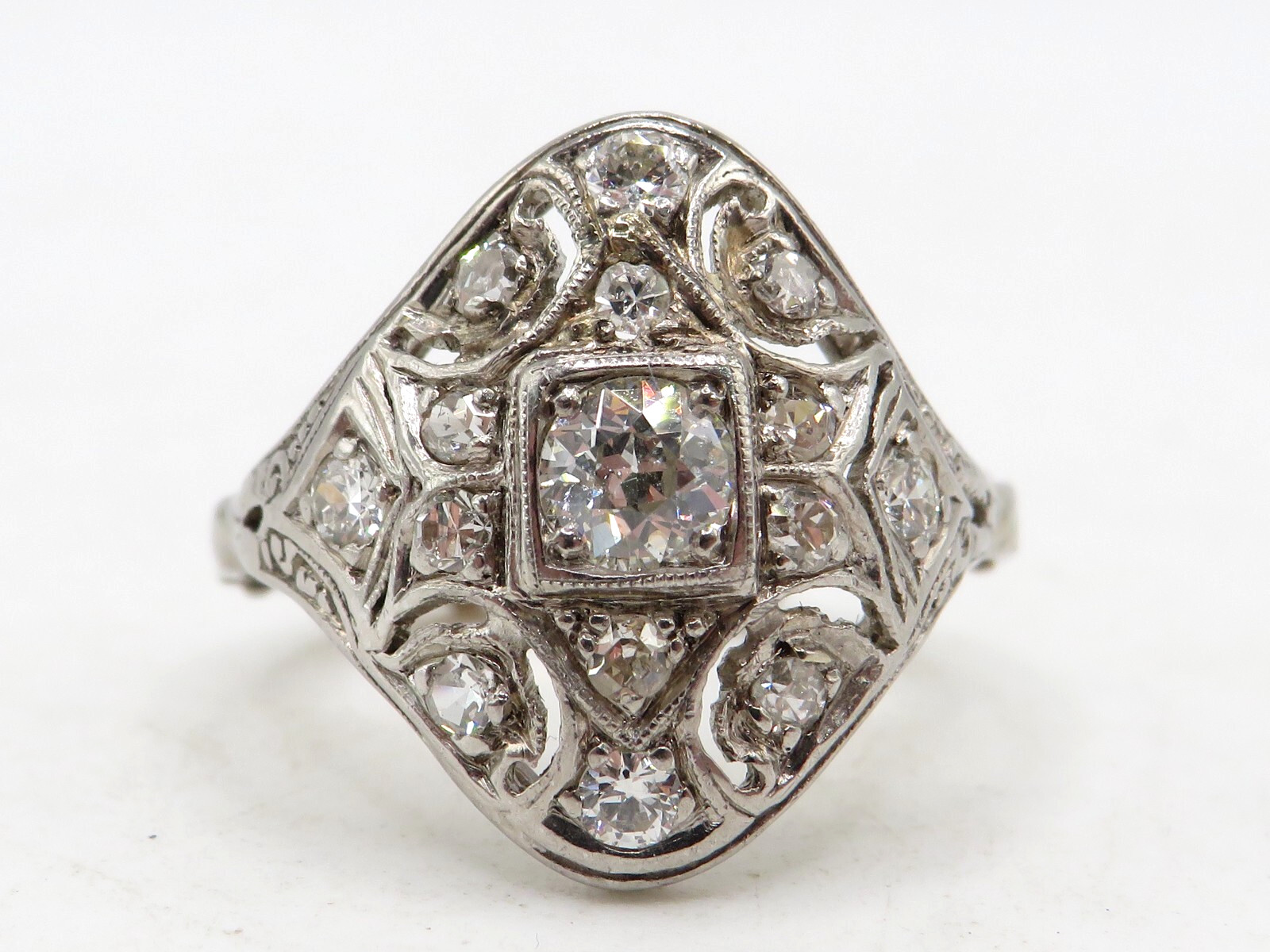 FINGER FIT 14k WHITE GOLD EUROPEAN CUT DIAMOND RING w 14 ACCENT DIAMOND SZ 6.25*