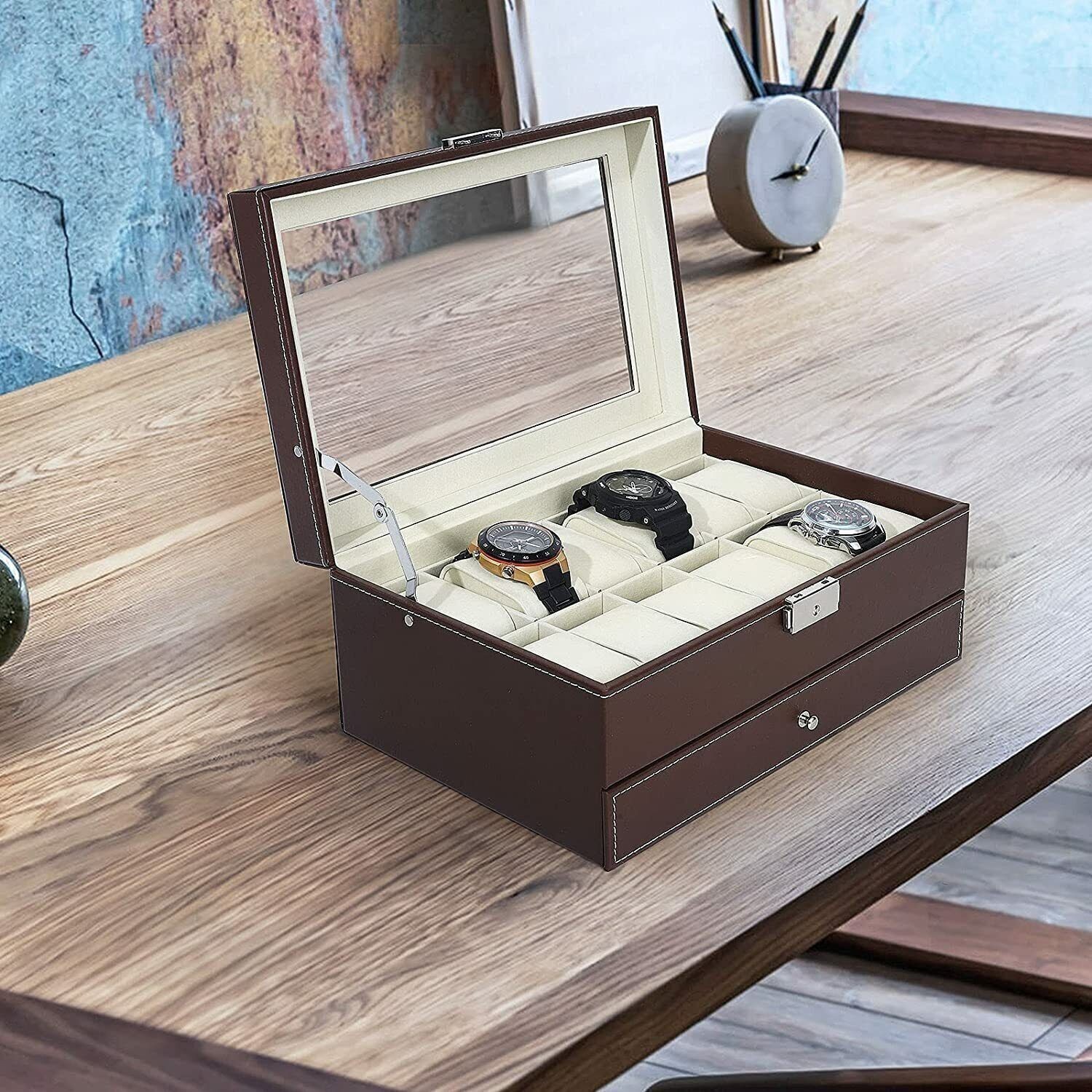 12 Slot PU Leather Lockable Watch Storage Boxes Men Jewelry Display Drawer Case