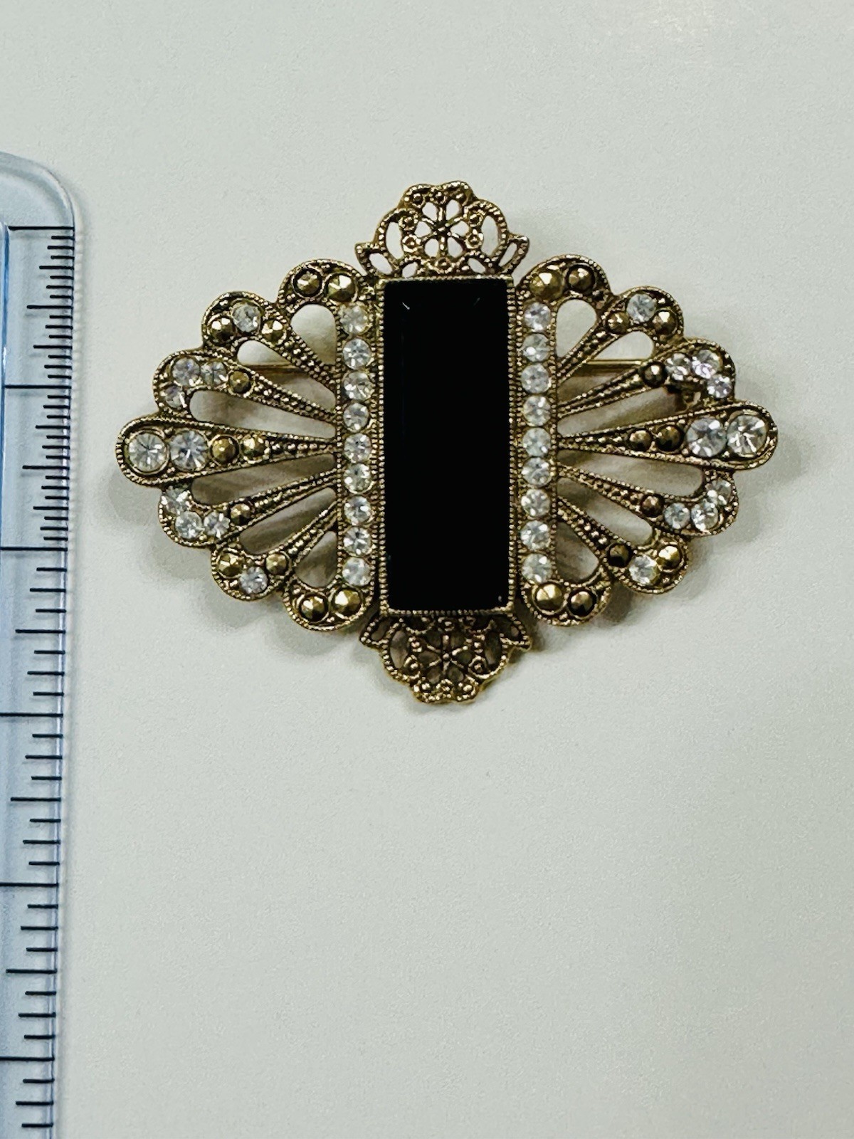 Vintage 1928 Faux Black Onyx And Crystal Gold Tone Brooch