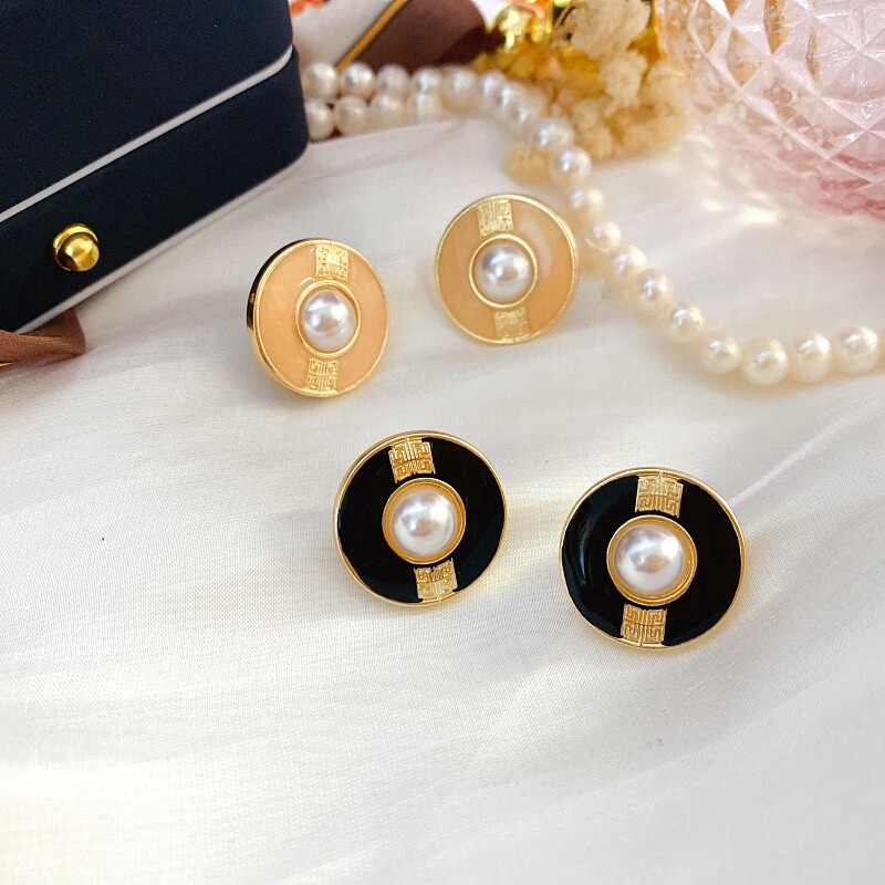 Retro French Elegant Simple Antique Times Drop Oil Enamel Pearl Silver Earring