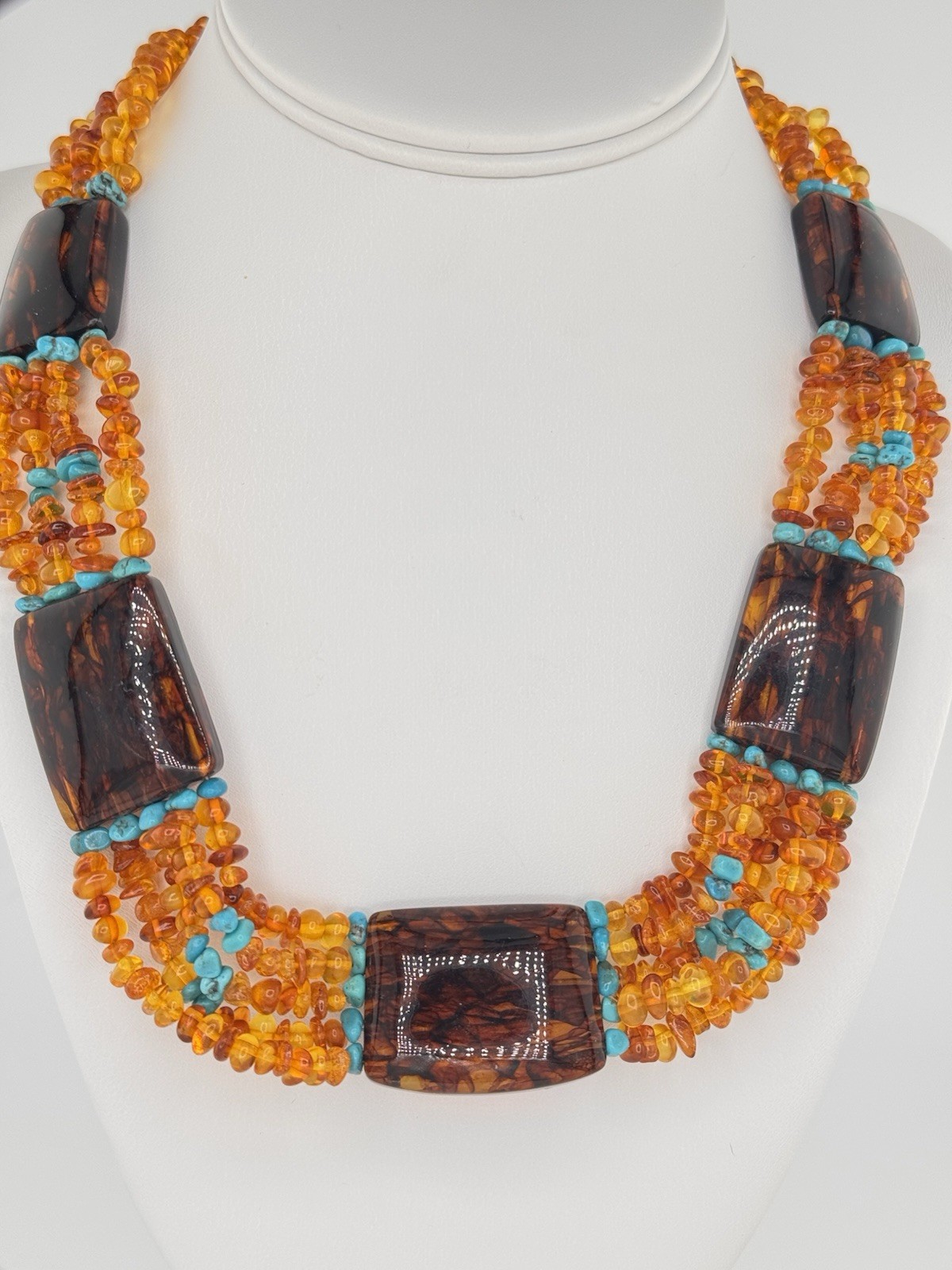 Bohemian Western Multi-Strand Beaded Statement Necklace with Amber & Turquoise