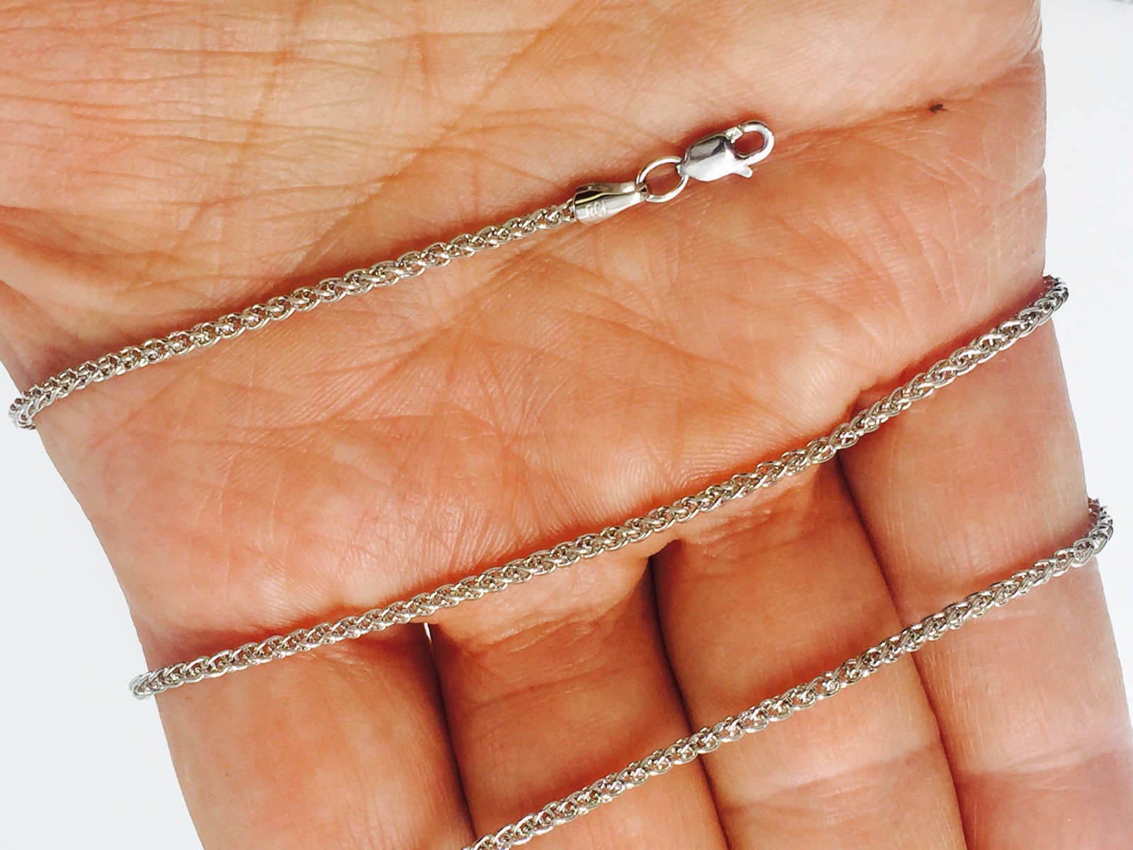 18k White Gold 16″ Basket Rope Round Wheat Link Chain Necklace 1.4 mm 3.3 grams