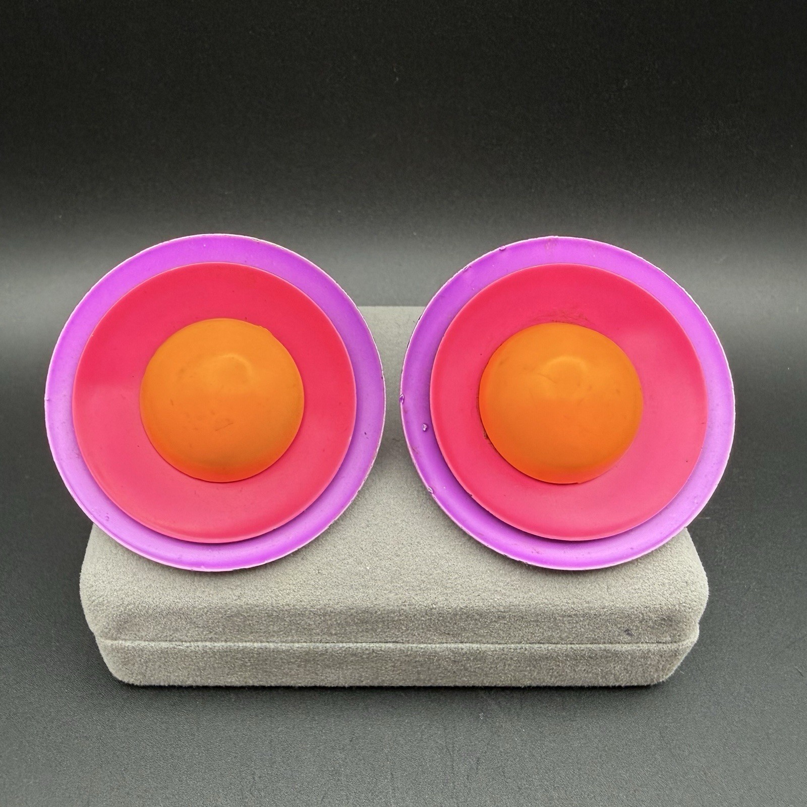 Vintage 80s Neon Color Block Disc Clip On Earrings Purple Pink Orange Statement