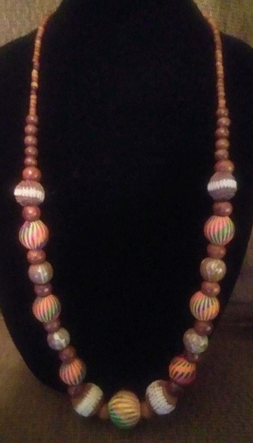 Parfois Crochet Wood Bead and Wooden Bead Necklace Antique Gold Tone 36″