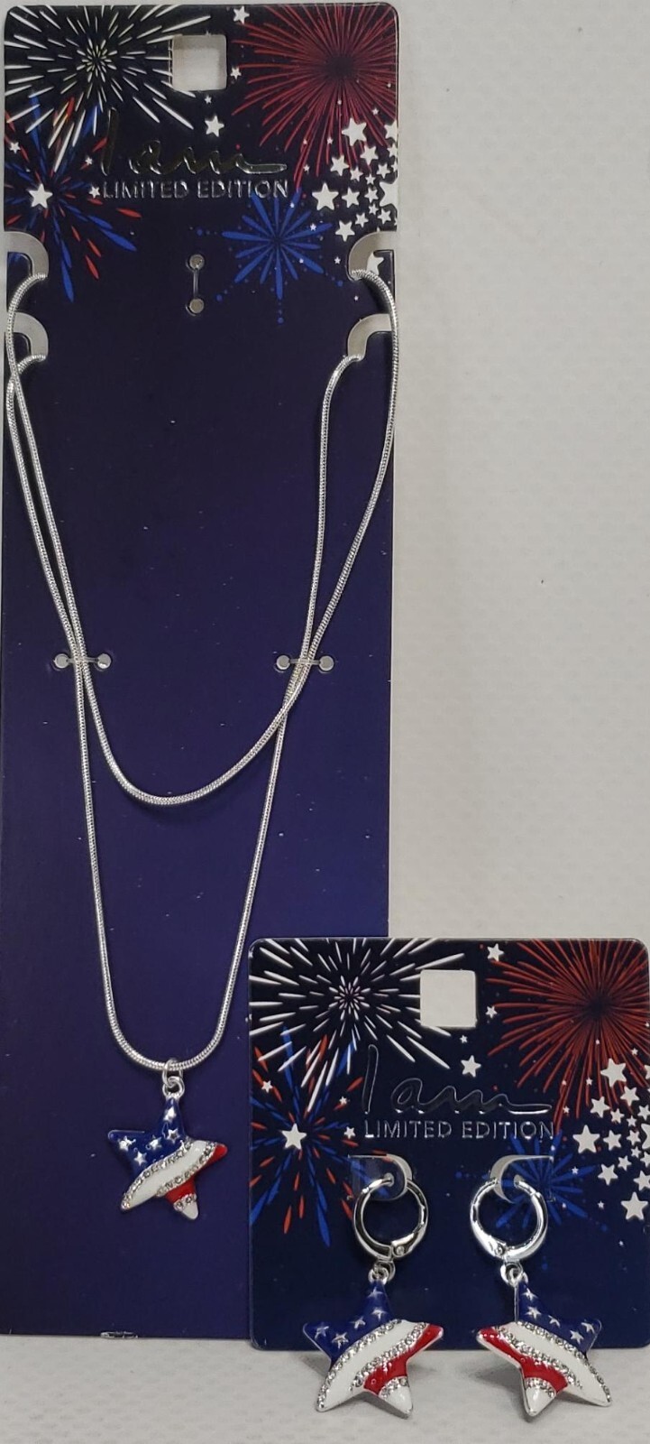 I Am Limited Edition Patriotic Red White Blue Star Necklace & Dangle Earring Set