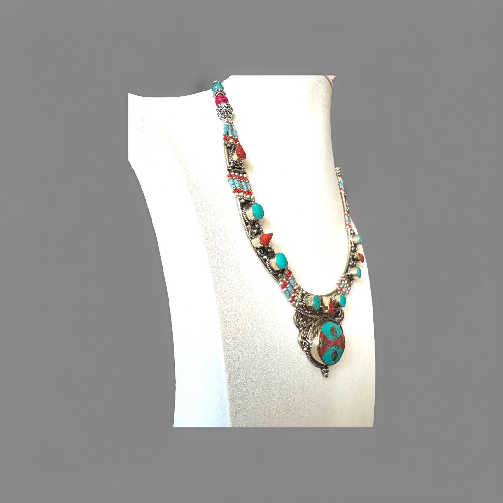 Ethnic tribal theme hand crafted necklace inlay stones set in Tibetan silver19”