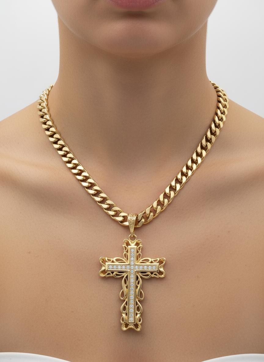 Large Gold CZ Cross Pendant Necklace, 14k Plated, 10mm Cuban Chain Men’s/Women’s