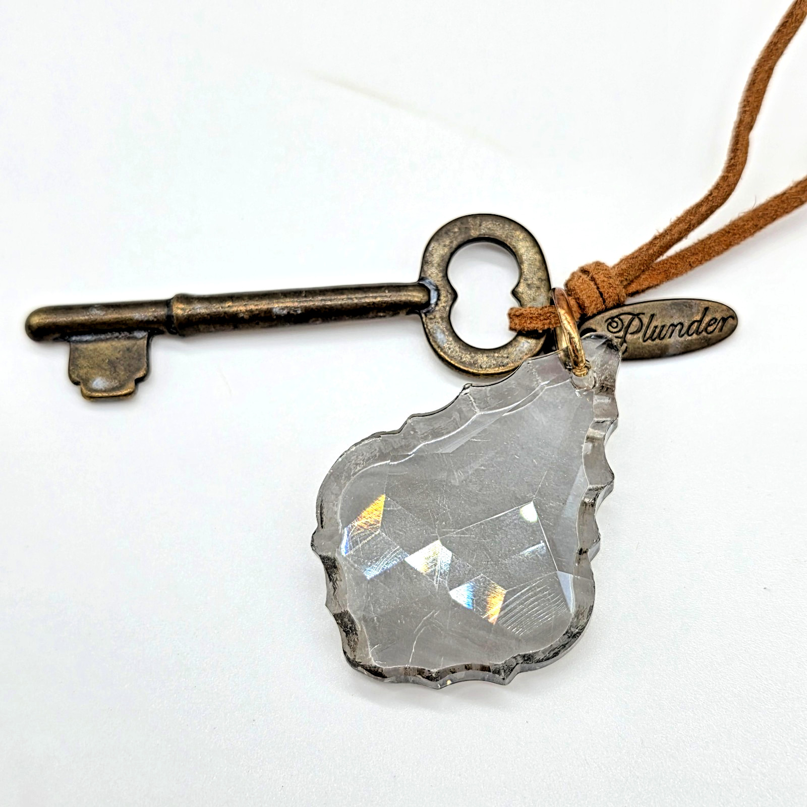 Plunder CHRISTA Brown Suede Necklace Brass Key & Smoke Gray Crystal 22”