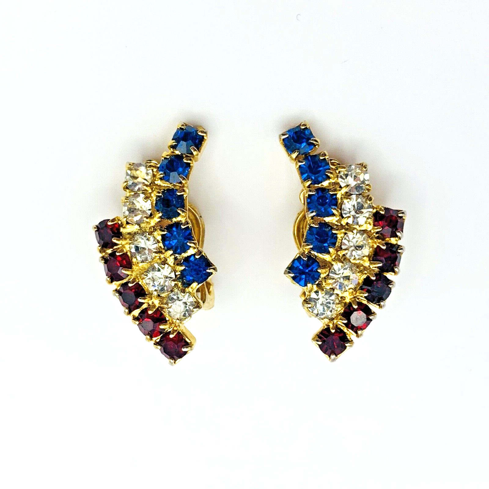 Vintage Patriotic Red White (Clear) Blue Rhinestone Clip On Earrings Gold Tone