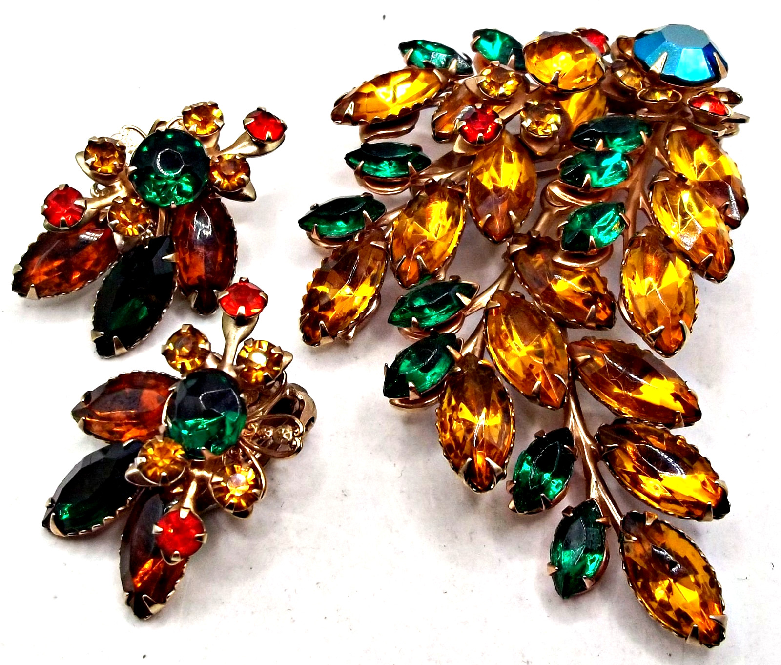 Vintage Rhinestones Brooch & Clip on Earrings Set Marquise Navette Rhinstone AB