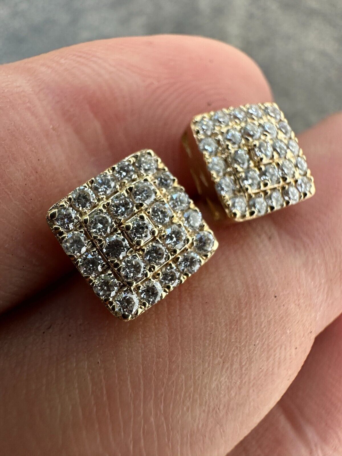 1.32ct VVS Real Diamond Men’s Solid 14k Yellow Gold Iced Hip Hop Square Earrings