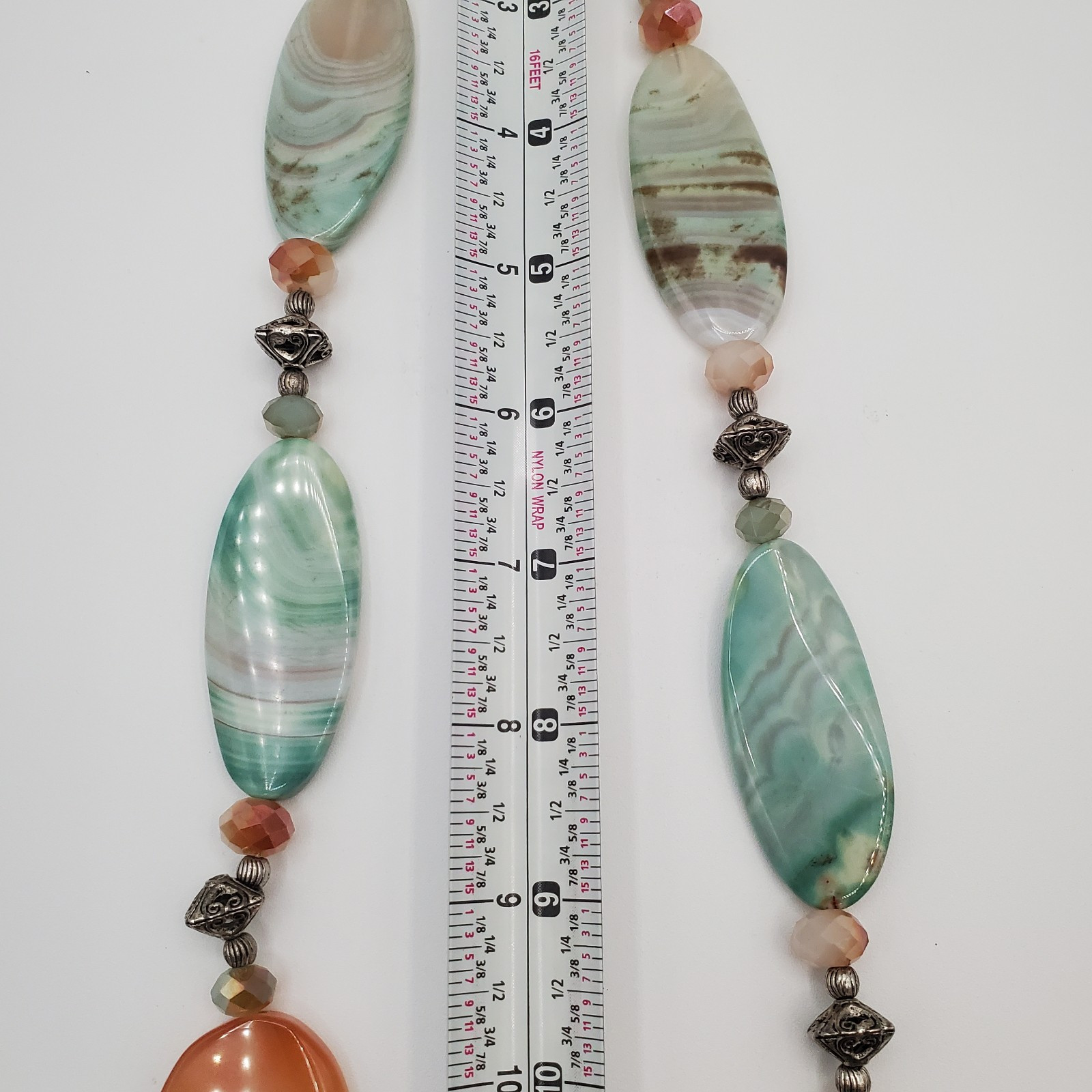 Banded Agate Stone Necklace 32in Peach Aqua Green Brown Polished Natural Beads